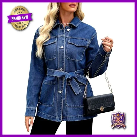 Oversized Denim Jacket Women Classic Chic Y2K Retro With Belt Long Sleeve